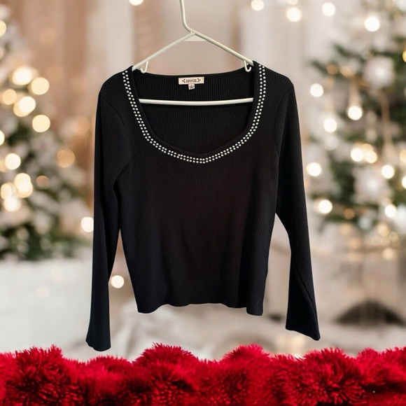 Nanette Lapore Black Stretch Blouse Scoop Neck Silver Studded Collar Long Sleeve - Picture 1 of 16